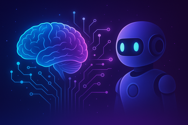 Neon blue-purple brain with circuit traces connecting to a friendly humanoid robot with glowing eyes on a dark purple background.